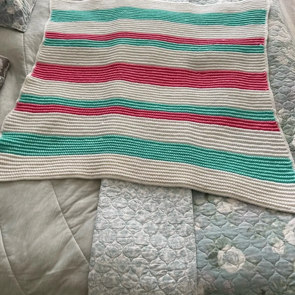 Afghan Blanket Throw Crochet Handmade Pastel Pink White Green Baby Blanket